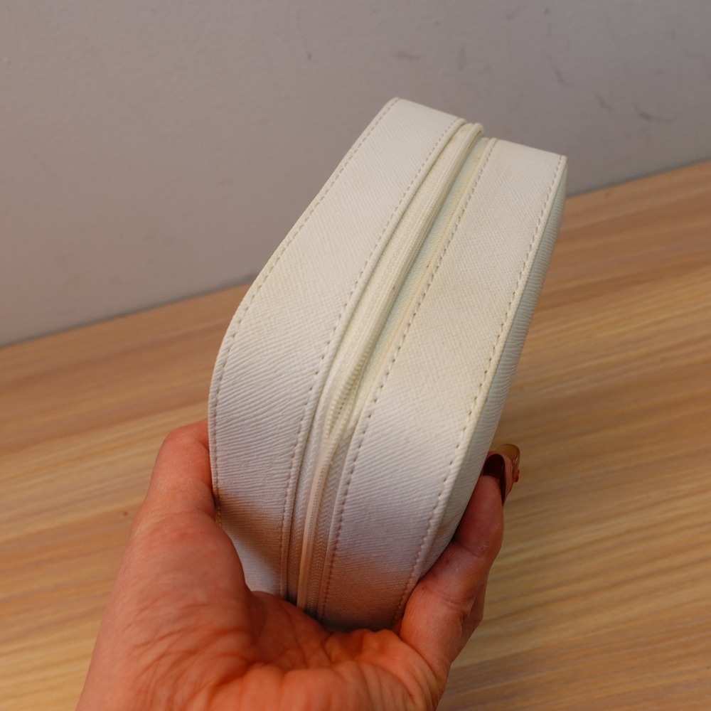 Travel Jewelry Case S White Vanity Mirror Box Organizer Faux Saffiano Leather - Picture 9 of 11